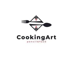 Creative Cooking Art Logo. Combination Fork Spoon and Pencil for Food Writer Blog Restaurant Recipes Logo Design Inspiration vector