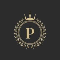 Initial Letter P Heraldic Royal Frame with Crown and Laurel Wreath. Simple Classic Emblem. Round Composition. Graphics Style. Art Elements for Logo Design Vector Illustration