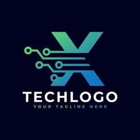 logotipo de la letra x de tecnología. plantilla de logotipo vectorial futurista con color degradado verde y azul. forma geometrica. utilizable para logotipos de negocios y tecnología. vector