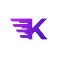 logotipo de entrega de la letra k inicial de envío rápido. forma de degradado púrpura con combinación de alas geométricas. vector