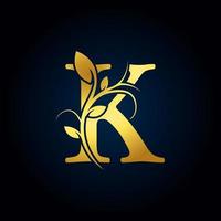 Elegant K Luxury Logo. Golden Floral Alphabet Logo with Flowers Leaves. Perfect for Fashion, Jewelry, Beauty Salon, Cosmetics, Spa, Boutique, Wedding, Letter Stamp, Hotel and Restaurant Logo. vector