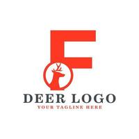 Orange Deer Logo Design. Orange Shape Initial Letter F with Head Deer Silhouette inside. Flat Vector Logo Design Ideas Template Element