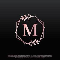 Elegant M Letter Hexagon Floral Logo with Creative Elegant Leaf Monogram Branch Line and Pink Black Color. Usable for Business, Fashion, Cosmetics, Spa, Science, Medical and Nature Logos. vector