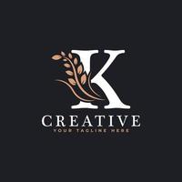 Initial Letter K Linked Monogram Golden Laurel Wreath Logo. Graceful Design for Restaurant, Cafe, Brand name, Badge, Label, luxury identity vector