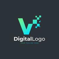 logotipo de la letra v de tecnología. forma geométrica azul y verde con puntos de píxeles cuadrados. utilizable para logotipos de negocios y tecnología. elemento de plantilla de ideas de diseño. vector