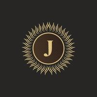 Emblem Letter J Gold Monogram Design. Luxury Volumetric Logo Template. 3D Line Ornament for Business Sign, Badge, Crest, Label, Boutique Brand, Hotel, Restaurant, Heraldic. Vector Illustration