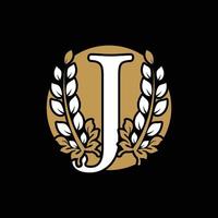 Initial Letter J Linked Monogram Golden Laurel Wreath with Circle Logo. Graceful Design for Restaurant, Cafe, Brand name, Badge, Label, luxury identity vector