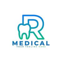 Dental Clinic Logo. Blue Linear Shape Letter R Linked with Tooth Symbol inside. Usable for Dentist, Dental Care and Medical Logos. Flat Vector Logo Design Ideas Template Element.
