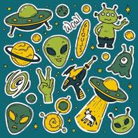 Aliens, unidentified flying object UFO set of vector icons in doodle cartoon style. Funny green creatures in space. Cow abduction, blaster gun and crop circles.