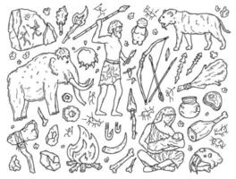 hombres de las cavernas y neandertales en la edad de piedra, conjunto de iconos de garabatos vectoriales. los antiguos prehistóricos cazan mamuts y tigres. herramientas y pinturas rupestres. símbolos de dibujos animados de paleontología y antropología. vector