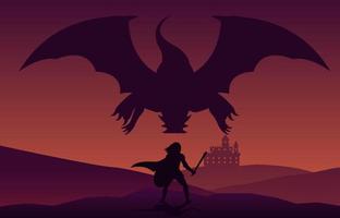 Silhouette art of fiction with knight fighting with dragon vector