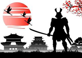 Japanese art with ancient design of samurai holding sword near emperor castle vector