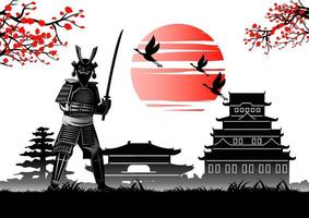 arte japonés con diseño antiguo de samurai sosteniendo espada cerca del castillo del emperador vector