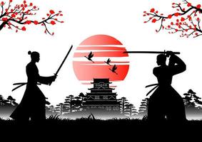 Japanese art with ancient design of samurai training sword near emperor castle vector