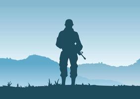 antecedentes de guerra en situación de soldado de pie y sosteniendo un arma para defender la base del ejército