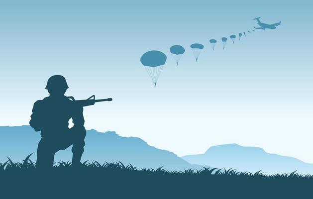 Background of war in situation of  paratooper soldier sitting and ready to shoot