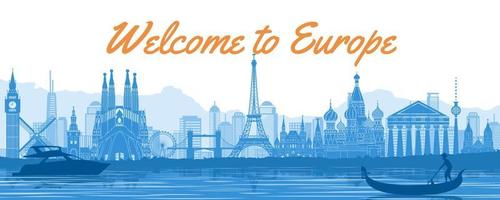 Europe famous landmark with blue and white color design vector