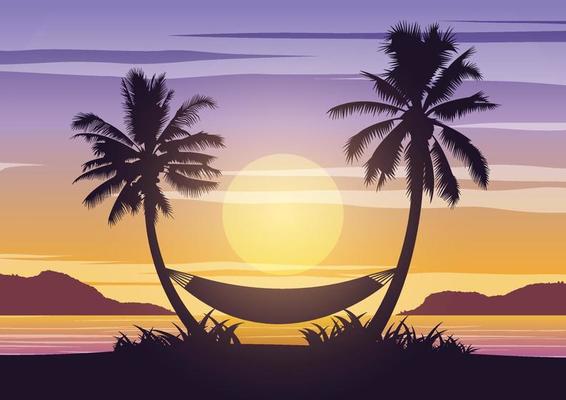Silhouette art design of sea on sunset time and palm trees with a hammock