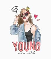 young and wild slogan with cartoon girl with icons illustration vector