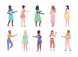 Women with drinks semi flat color vector characters set