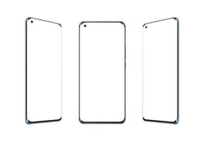Phone isolated in three positions. Isolated display and background for app design presentation. Round screen with thin edges and camera built into display photo