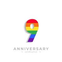 Celebración del aniversario de 9 años con el color del arco iris para el evento de celebración, la boda, la tarjeta de felicitación y la invitación aislada en el fondo blanco vector