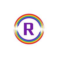 letra r dentro de la circular coloreada en el diseño del logotipo del cepillo de la bandera del color del arco iris inspiración para el concepto lgbt vector