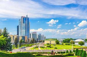 Minsk, Belarus, July 26, 2020 cityscape of Minsk city with skyscrapers on Pobediteley Peramohi Avenue photo