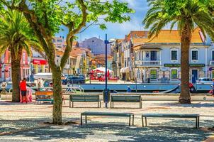 Aveiro city historical centre with embankment promenade of narrow water canal with benches and palm trees photo