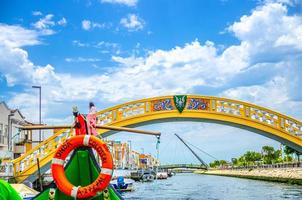 Aveiro cityscape with traditional colorful Moliceiro boat with tourists sailing in narrow water canal photo