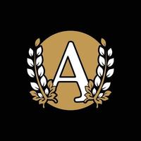 Initial Letter A Linked Monogram Golden Laurel Wreath with Circle Logo. Graceful Design for Restaurant, Cafe, Brand name, Badge, Label, luxury identity vector