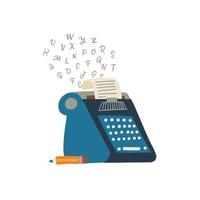 Typewriter icon with paper and flying letters and luing pencil, Flat hand drawn vector illustration