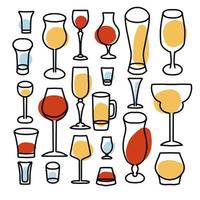 Linear elenents set with alcohol drinks glasses. Thin simple line style collection with abstract shapes inside. Vector hand drawn illustration for party, menu designs.