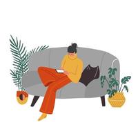 Young woman sitting on sofa and watching her cell phone with plants around. . Teenage Girl at home, surfing the Internet, reading a message. Flat vector illustration.