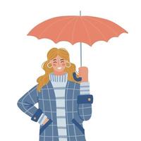 mujer con abrigo y suéter bajo paraguas abierto, protegiéndola de la lluvia otoñal. persona con ropa informal abrigada sosteniendo sombrilla y sonriendo. ilustración vectorial plana aislada sobre fondo blanco vector