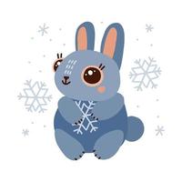 Cute rabbit holding big snowflake. Cozy winter animal character. Flat kawaii hand drawn illustration isolated on white background. vector