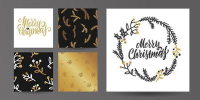 Set of Merry Christmas card templates. Hand drawn seamless patterns with lettering. Golden metallic, black, white colors. Holiday greetings. Vector Template for Greeting