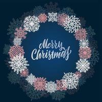 Round snow frame with Merry Christmas text.. Winter concept made of snowflakes. Circle shape. New Year, Christmas blue abstract background with brush lettering. vector