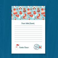 Response letter from Santa Claus template. Christmas Pattern with Gingerbread men, Mittens, knitted hat, scarf, snowman. Vector illustration on A4 sheet with postal stamp.