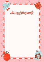 Merry Christmas frame with gingerbread house and xmas gifts on pink background with free space for text. Christmas letter to Santa Claus template. Layout in A4 size.