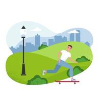 Vector flat cartoon illustration - Skateboard riding man. Park, trees and hills on background for Banner, site, poster design. Healthy Lifestyle Template. Active Character Man on Skateboard in Park.