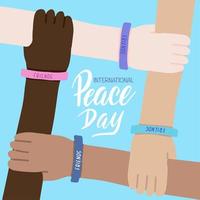 tarjeta de felicitación del día internacional de la paz con cita de letras de pincel. cuatro manos de personas de diferentes razas y nacionalidades cruzadas sobre fondo azul. ilustración vectorial de la amistad mundial.