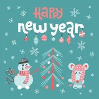 Happy New Year greeting card with lettering quote. Cute mouse decorate Christmas tree and snowman. Flat cartoon scandinavian style. New Year greeting card, poster, banner vector