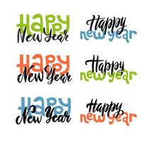 Set of hand lettering new year quotes - happy new year written in various styles. Brush calligraphy and squared routh text. Vector color collection.