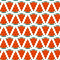Seamless geometric pattern with triangle slices of watermelon. Red pieces on white background. Vector flat hand drawn illustration.