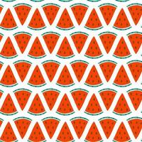 Seamless geometric pattern with triangle slices of watermelon. Red pieces on white background. Vector flat hand drawn illustration.