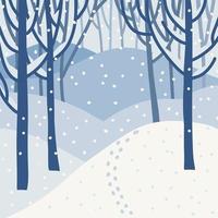 Landscape of a forest path in winter with frozen trees and snow. Background illustration in vector flat hand drawn style.