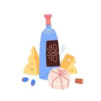 Still life with wine and gourmet cheese. An abstract bottle of wine and brie. Vector illustration in a flat style on a gray background.