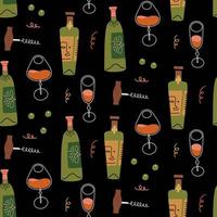 Seamless pattern with wine bottles, corkscrew and glasses. Vector flat hand drawn illustration on black background.