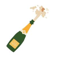 Champagne bottle cork explosion. Vector flat illustration of sparkling wine isolated on white background.